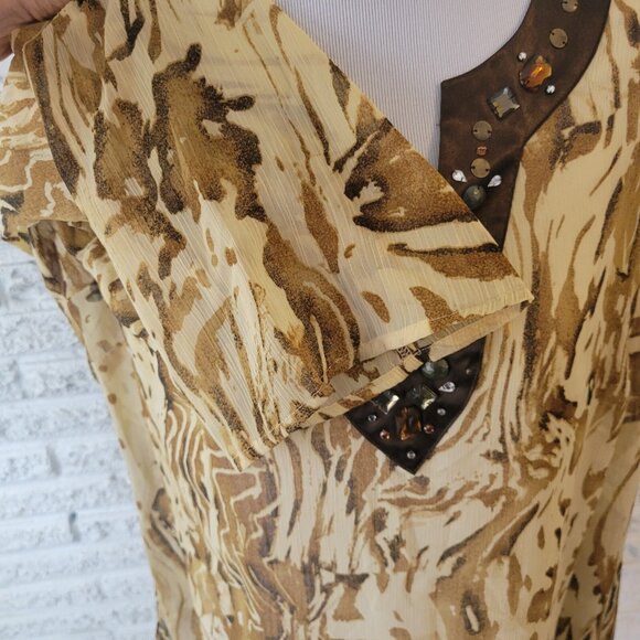 Susan Graver QVC Womens Top Brown Tan Animal Print Beaded Sheer ANI47E - Picture 5 of 9